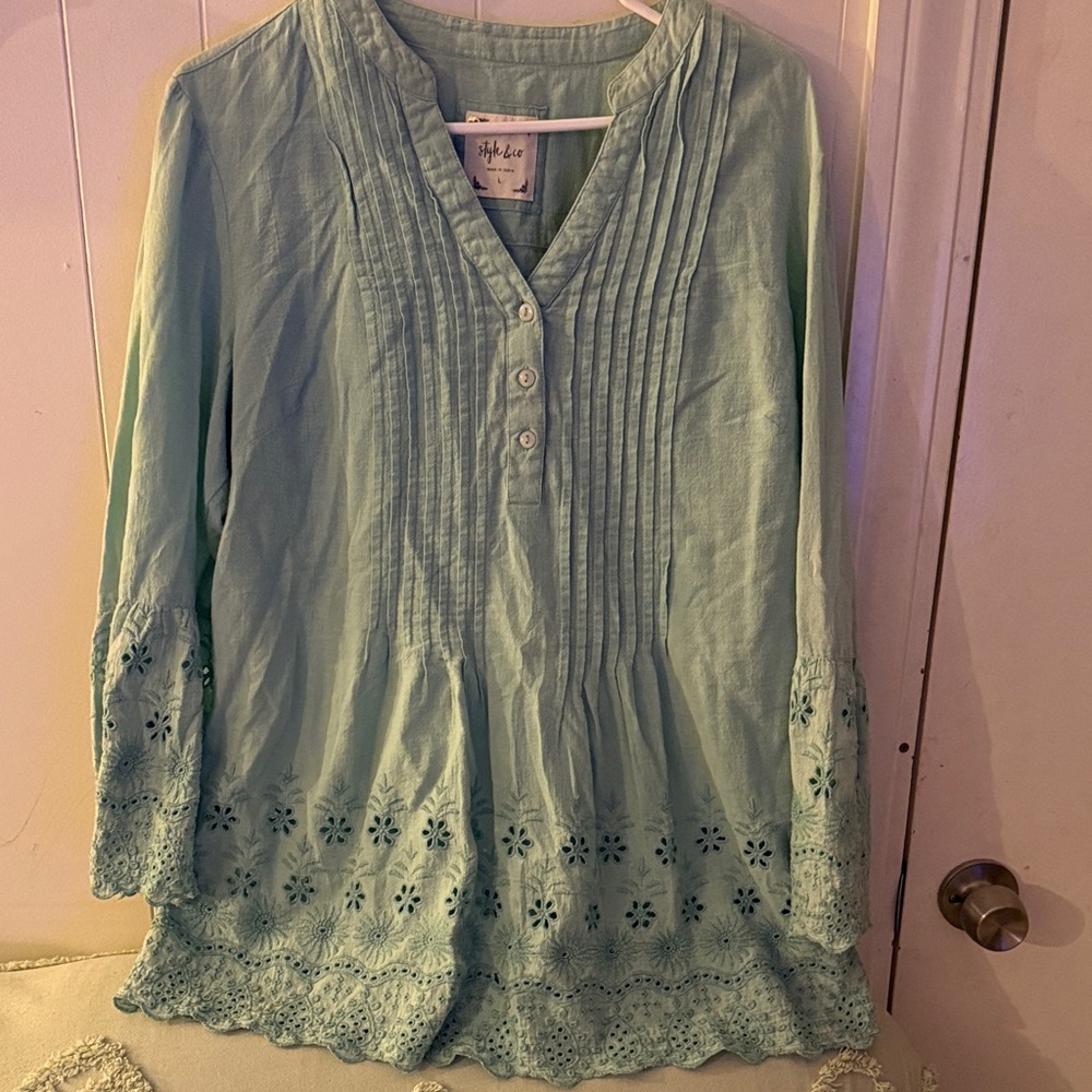 Style & Co. Mint Green Pintuck Eyelet Tunic